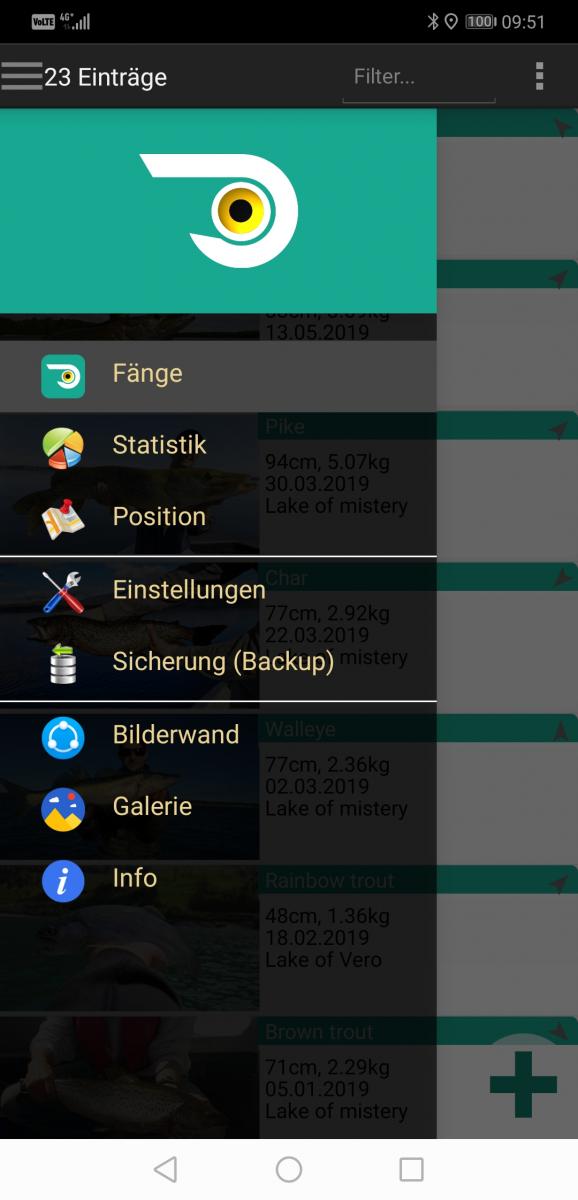 Fangbuch App Menu